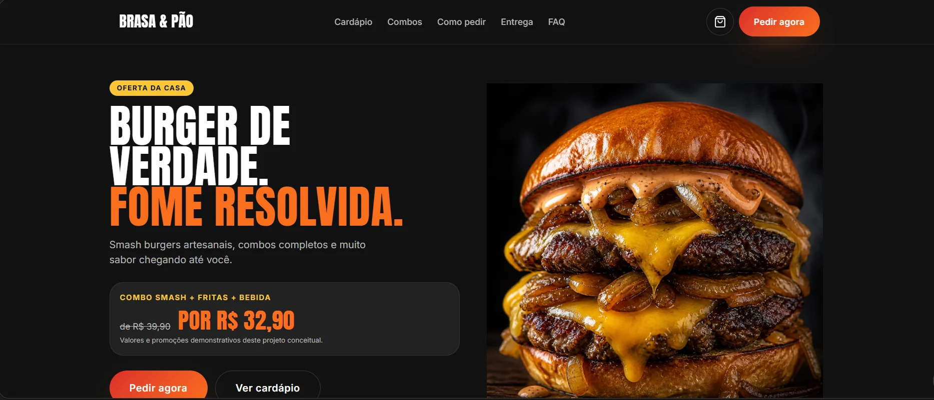 Hero da landing page conceitual Brasa & Pão, em preto e laranja, com foto de hambúrguer, combo em oferta e botão pedir agora.