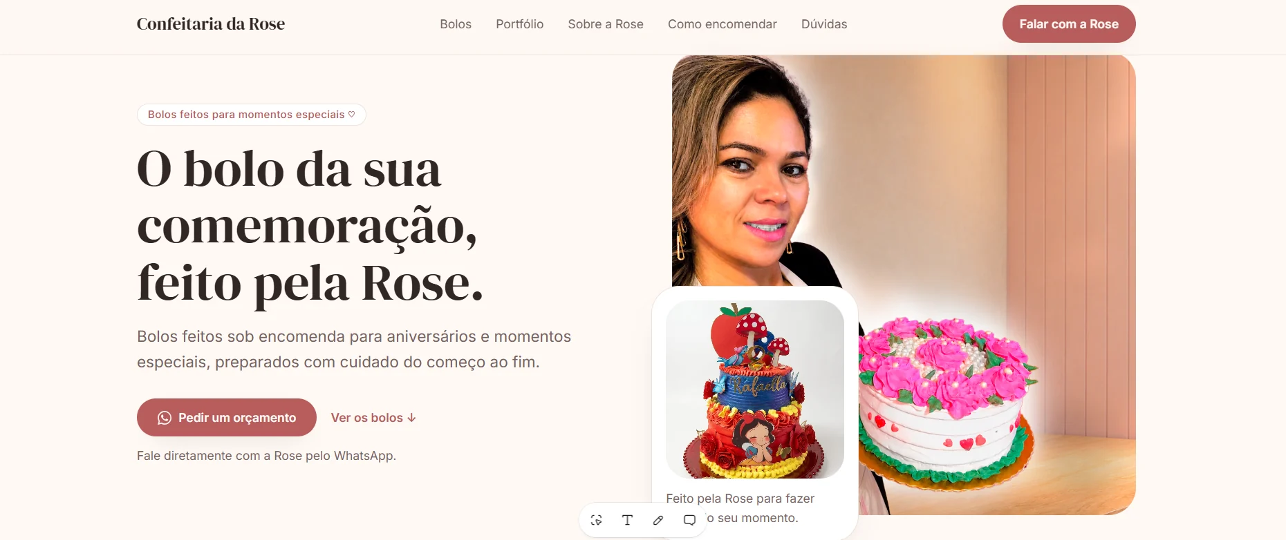 Hero da landing page da Confeitaria da Rose, em tons creme e rosa queimado, com foto da Rose e botão para pedir orçamento.