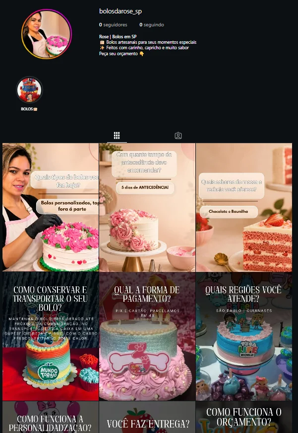 Perfil profissional da Confeitaria da Rose no Instagram, com bio, destaques e grade de publicações sobre bolos e encomendas.