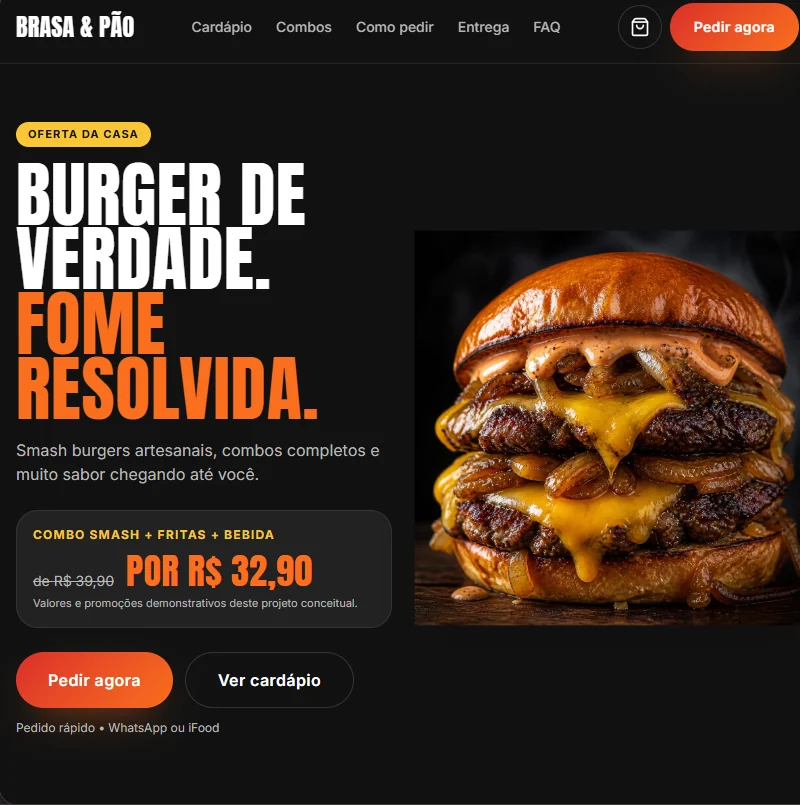 Versão mobile da landing page conceitual Brasa & Pão, com headline forte, combo em oferta, foto do hambúrguer e botões de pedido.