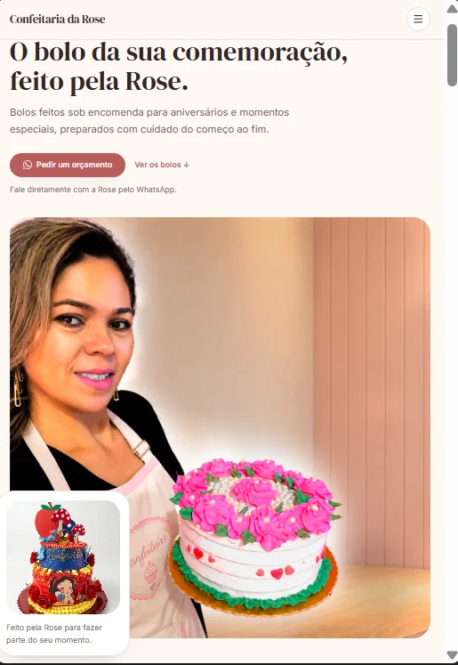 Versão mobile da landing page da Confeitaria da Rose, com headline, botão de orçamento, foto da Rose e o bolo principal.