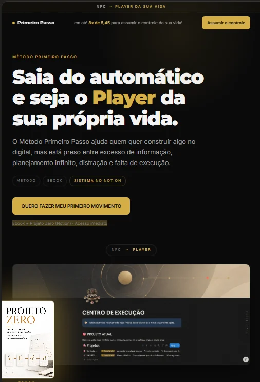 Versão mobile da landing page do Método Primeiro Passo, com headline em bloco, botão de CTA e prévia do ebook e do sistema no Notion.